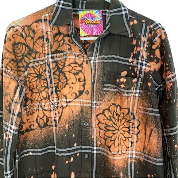 Handmade Flannel Dress Womens Small Boho Stencil Bleached Floral Tunic Green - Picture 4 of 12